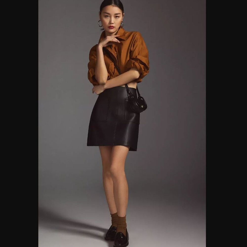 Anthropologie | Maeve Faux Leather A-Line Mini Skirt | Black, XL - Picture 2 of 14